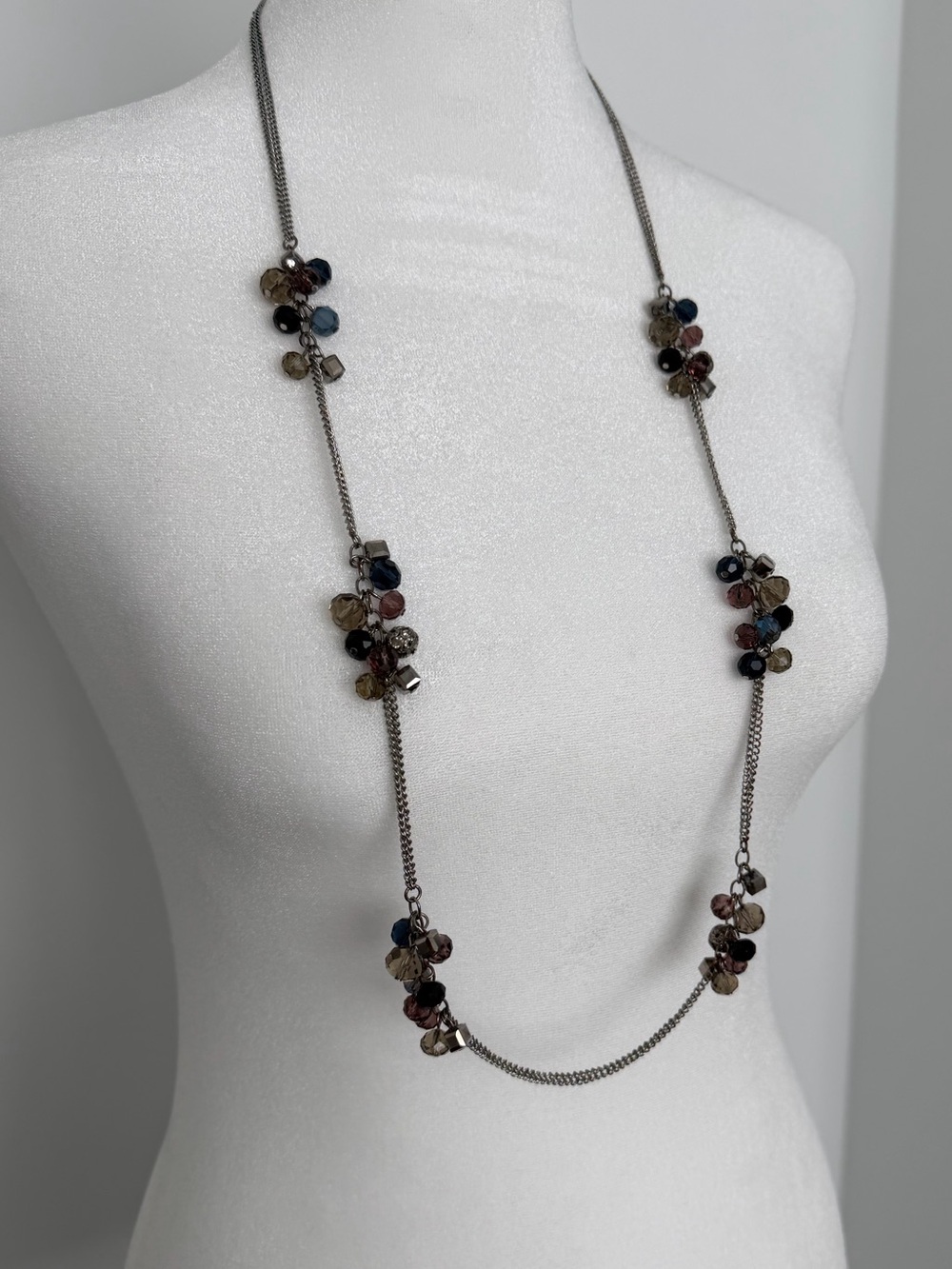 Loft Long Multi-Bead Cluster Necklace in Blue, Brown, and Pink
